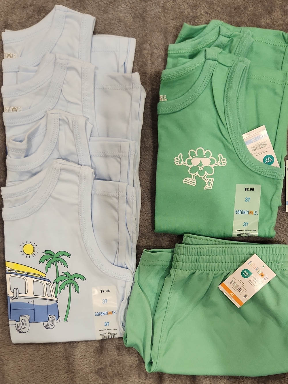 Kids 3T Lot Of 7--4 Light Blue & 2 Green Shirts. 1 Pair Shorts 4T